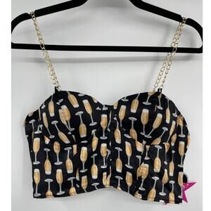 Rabbit Rose Champagne Party Crop Top XL Chain Strap Bodice Black NEW Womens